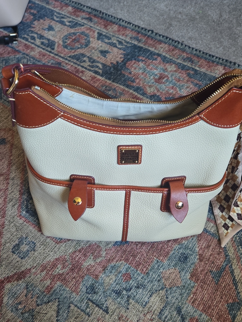 Dooney & Bourke Cream Pebble Leather Shoulder Bag with Brown Trim - Picture 2 of 7